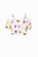 Korte aangerimpelde blouse met bloemen - WHITE - M - thumbnail