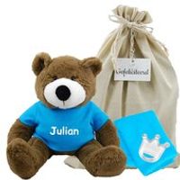 Knuffel Beer Vic Brown 45 cm met naam op turquoise shirtje Knuffel Beer Vic Brown 45 cm met naam op turquoise shirtje