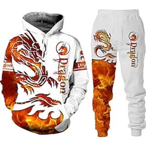 Voor heren Trainingspak Truien instellen Rood Oranje Capuchon Grafisch Draak 2-stuks Afdrukken Sport Outdoor Casual Sport 3D-afdrukken Streetwear Ontwerper Basic Lente Herfst Kleding Hoodies Lightinthebox