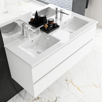 Badkamermeubel Denta Hangend 120x50x45cm MDF Wit Glans Keramiek Wastafel Softclose 2 Kraangaten Dubbel met 2 Lades