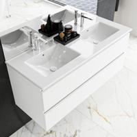 Badkamermeubel Denta Hangend 120x50x45cm MDF Wit Glans Keramiek Wastafel Softclose 2 Kraangaten Dubbel met 2 Lades