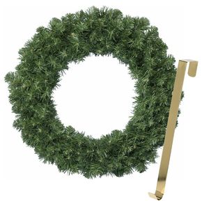 Kerstkrans 35 cm - groen - met gouden hanger/ophanghaak - kerstversiering