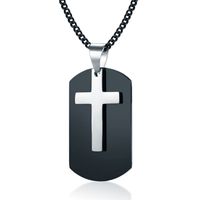 Heren SchakelKetting met Zwarte Dogtag Hanger Zilverkleurig Kruis - thumbnail