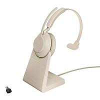Jabra Evolve2 65 Draadloze Headset met Oplaadstation – Microsoft Teams-gecertificeerde Monokoptelefoon met Noise Cancelling en Lange Batterijduur – USB-C Bluetooth Adapter – Beige