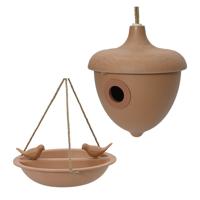 Vogelhuisje en voederschaal/vogelbadje - terracotta - bamboe - nestkastje - thumbnail