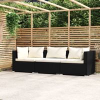 Driezitsbank met creme kussens poly rattan zwart - thumbnail