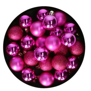 Mini kerstballen - 24x stuks - 3 cm - fuchsia roze - kunststof - mix - kerstversiering