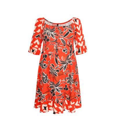 Yoek gebloemde jurk rood/ecru/zwart