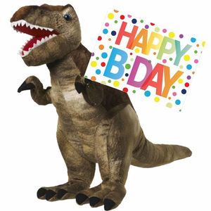 Pluche knuffel Dino T-rex van 48 cm met A5-size Happy Birthday wenskaart