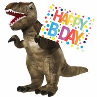 Pluche knuffel Dino T-rex van 48 cm met A5-size Happy Birthday wenskaart - thumbnail