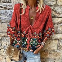 Dames Overhemd Kanten overhemd Blouse Geometrisch Veters Afdrukken Casual Dagelijks Basic 3/4 mouw V-hals Blozend Roze Herfst winter Lightinthebox - thumbnail