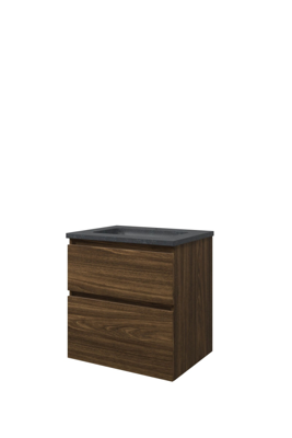 Proline hardsteen Elegant wastafelonderkast met 2 asymmetrische lades en hardstenen wastafel met 1 kraangat 60 x 62,2 x 46 cm, cabana oak