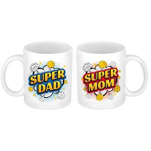 Super Dad en Mom cartoon mok - Vaderdag en moederdag cadeau