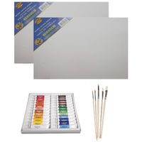 Schilders verf set van 24x tubes acrylverf/hobbyverf 12 ml + 2x canvas doeken + 5x kwasten