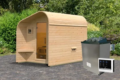 Karibu | Barrelsauna 2 Asymmetrisch | Kachel 9 kW Externe Bediening