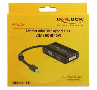 Delock 62631 DisplayPort / VGA / HDMI / DVI Adapter [1x Mini-DisplayPort stekker - 1x VGA-bus, HDMI-bus, DVI-bus 24+1-polig] Zwart Met Ferrietkern 16.00 cm
