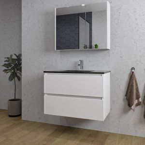 Adema Chaci Badkamermeubelset - 80x46x55cm - 1 keramische wasbak zwart - 1 kraangat - 2 lades - Spiegelkast - mat wit SW718709/SW761655/SW812067/SW812070