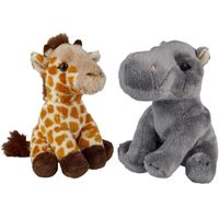 Safari dieren serie pluche knuffels 2x stuks - Nijlpaard en Giraffe van 15 cm - thumbnail