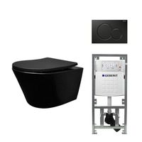 Wiesbaden Vesta toiletset Rimless 52cm mat zwart Geberit inbouwreservoir softclose en quickrelease toiletzitting met bedieningsplaat glans zwart 0701131/0700524/sw228315/ - thumbnail