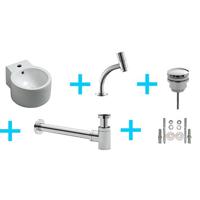 Fonteinset Kronos Rond 35x28x16cm Keramiek Glans Wit Chroom Toiletkraan Sifon Clickwaste Bevestigingsset