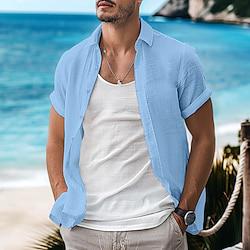 Voor heren Overhemd linnen overhemd Zomer overhemd Normaal shirt Strand hemd Button-down overhemd Zwart Wit Lichtgroen Blozend Roze Korte mouw Effen Revers Zomer Casual Dagelijks Kleding Lightinthebox