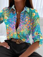 Shawl Collar Loose Casual Floral Blouse