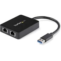 StarTech.com USB 3.0 naar Dual Port Gigabit Ethernet Adapter, USB 3.0 Netwerkadapter NIC met USB Poort, USB naar 2x RJ45 LAN GbE Adapter, USB Passthrough (USB32000SPT)