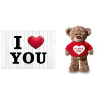 I Love You Valentijnskaart met knuffelbeer in rood shirtje 24 cm - thumbnail