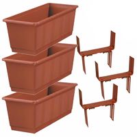 Set van 3 kunststof plantenbakken terracotta rechthoekig 40 cm met 6 verstelbare balkon/muurbeugels - thumbnail