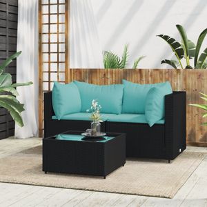 3-delige Loungeset met kussens poly rattan zwart