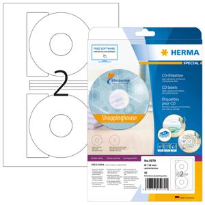 Herma 5079 CD-etiketten Ø 116 mm Papier Wit 50 stuk(s) Permanent hechtend Inkjet, Laser (zwart/wit), Laser (kleur), Kopiëren (zwart/wit), Kopiëren (kleur),