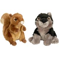 Bosdieren zachte pluche knuffels 2x stuks - Eekhoorn en Grijze Wolf van 18 cm