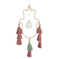 Handgemaakte Macramé Hanger - Hamsa Hand Goudkleurig Groen - Bescherming (43 cm)