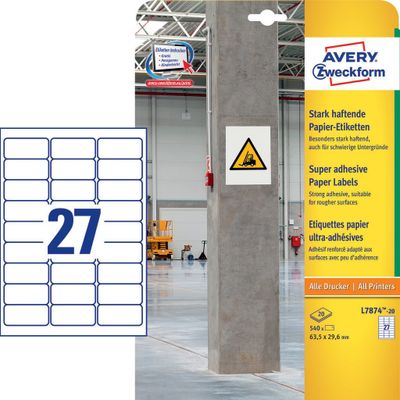 Avery-Zweckform L7874-20 ( 63.5 x 29.6 mm, Wit, 540 stuk(s), Permanent hechtend, Sterk hechtend