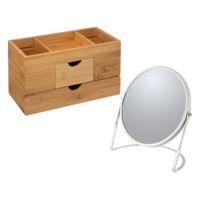 Make-up organizer en spiegel set - lades/vakjes - bamboe/metaal - 5x zoom spiegel