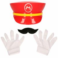 Game verkleed set loodgieter Mario - pet/snor/handschoenen - rood - carnaval/themafeest outfit - thumbnail