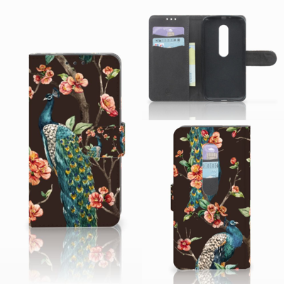 Motorola Moto G 3e Generatie Telefoonhoesje met Pasjes Pauw met Bloemen