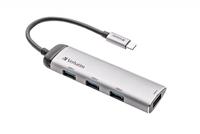 Verbatim USB-C multiport hub, USB-C-adapter van hoogwaardig aluminium voor laptops, MacBooks en smartphones, multimedia-adapterstekker met vier USB 3.2 Gen 1-poorten, zilver