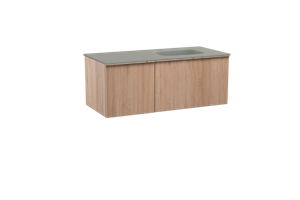 Balmani Forma zwevend badmeubel 120 x 55 cm naturel eiken met Tablo Arcato asymmetrisch rechtse wastafel in solid surface steengrijs, Verticale symmetrische rechte ribbel