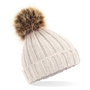 Gebreide winter muts beige met nep bont pompon voor dames/heren