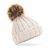 Gebreide winter muts beige met nep bont pompon voor dames/heren   -