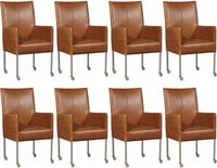 Set van 8 Cognac leren moderne eetkamerstoelen Spark - poot rond rvs met wiel - Vintage Leer Cognac (cognac leer)