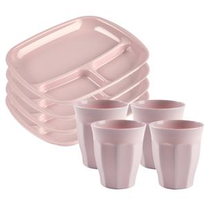 Servies van kunststof - 4x vakjesborden en 4x drinkbekers - roze