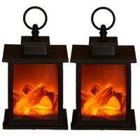 2x stuks LED sfeerhaarden/open haard lantaarns zwart met led verlichting L12 x B12 x H18,5 cm