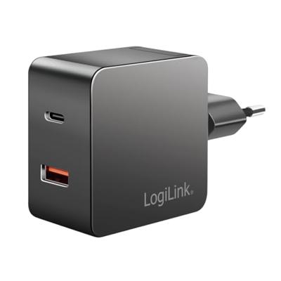 LogiLink Dubbele USB-oplader, 1 x USB-A, 1 x USB-C, GaN (galliumnitrid) voor hoge efficiëntie tot 45 W, PPS-opladen (programmeerbare voeding), PowerDelivery & QuickCharge