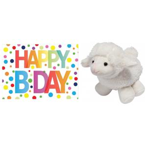 Pluche knuffel lammetje/schaap 16 cm met A5-size Happy Birthday wenskaart