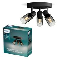 Philips Palms Spot - Plafondspot met drie lichtpunten - Zwart - Met gerookt glas - Kleine fitting E14 - Ronde basisplaat