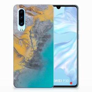 Huawei P30 TPU Siliconen Hoesje Marble Blue Gold