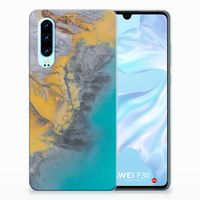 Huawei P30 TPU Siliconen Hoesje Marble Blue Gold - thumbnail