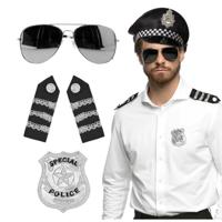 Carnaval verkleed set - politiepet - zwart - met epauletten/badge/zonnebril - heren/dames - thumbnail